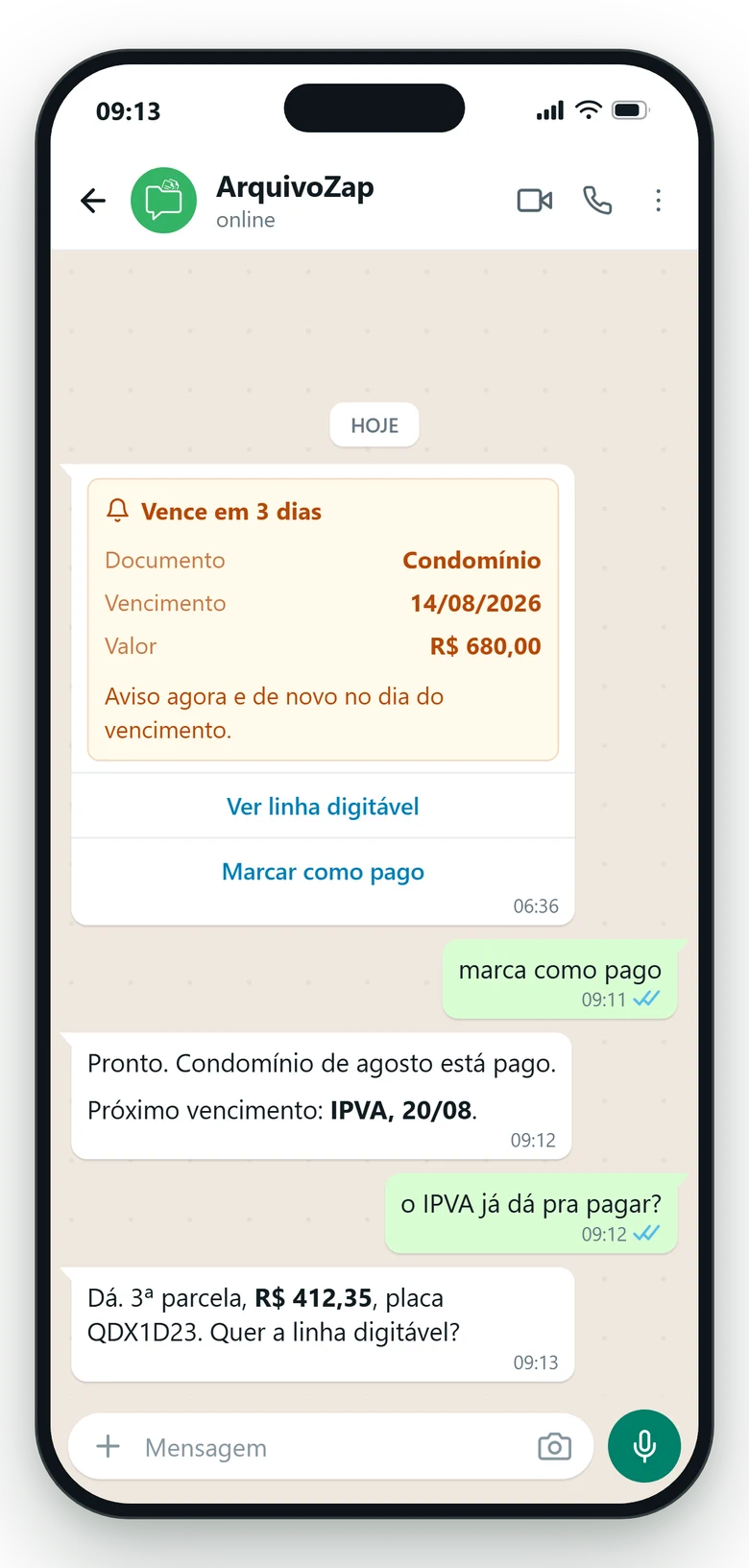 Conversa no WhatsApp: o ArquivoZap avisa três dias antes que o boleto do condomínio vence, com valor e linha digitável.