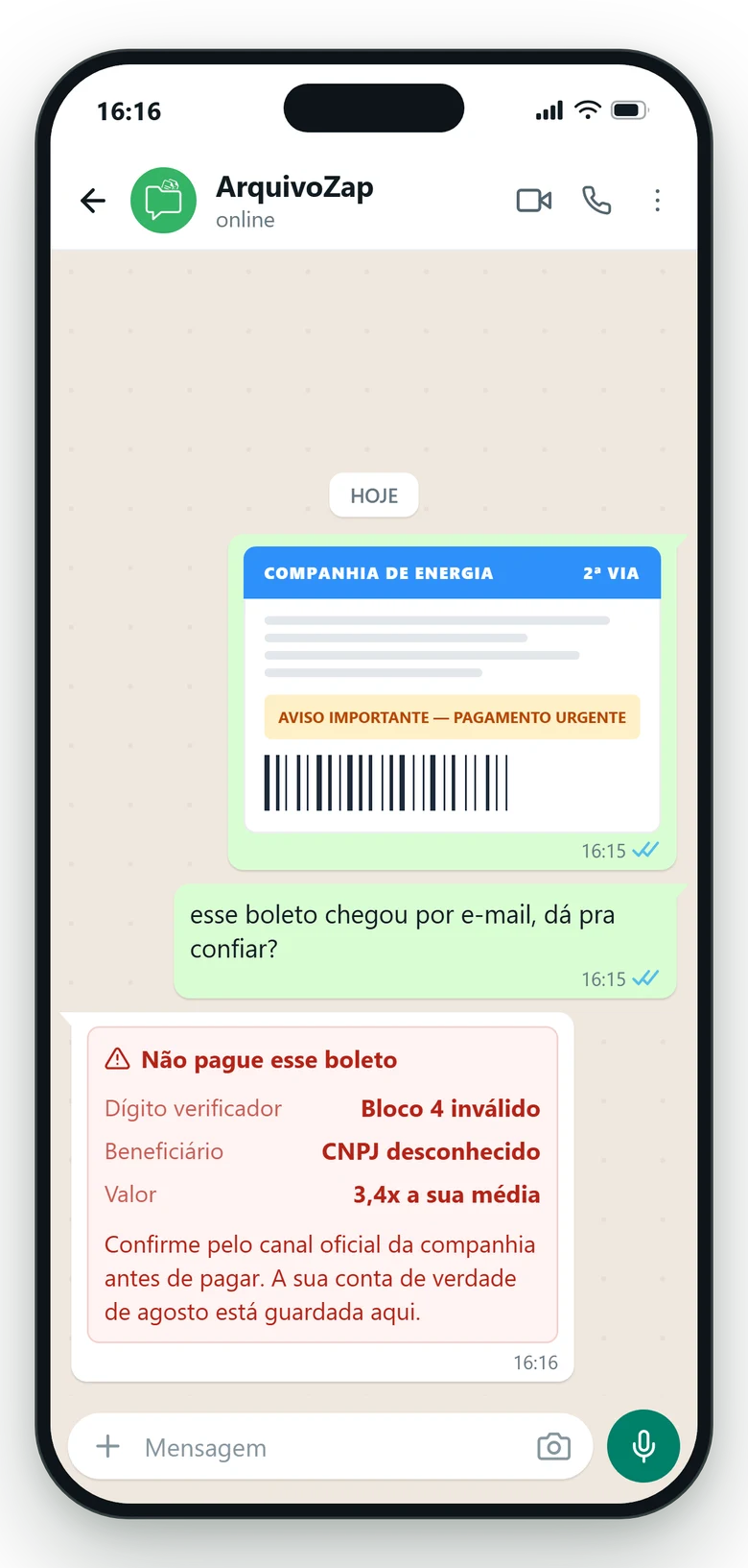 Conversa no WhatsApp: a pessoa encaminha um boleto suspeito e o ArquivoZap aponta dígito verificador inválido e CNPJ desconhecido.