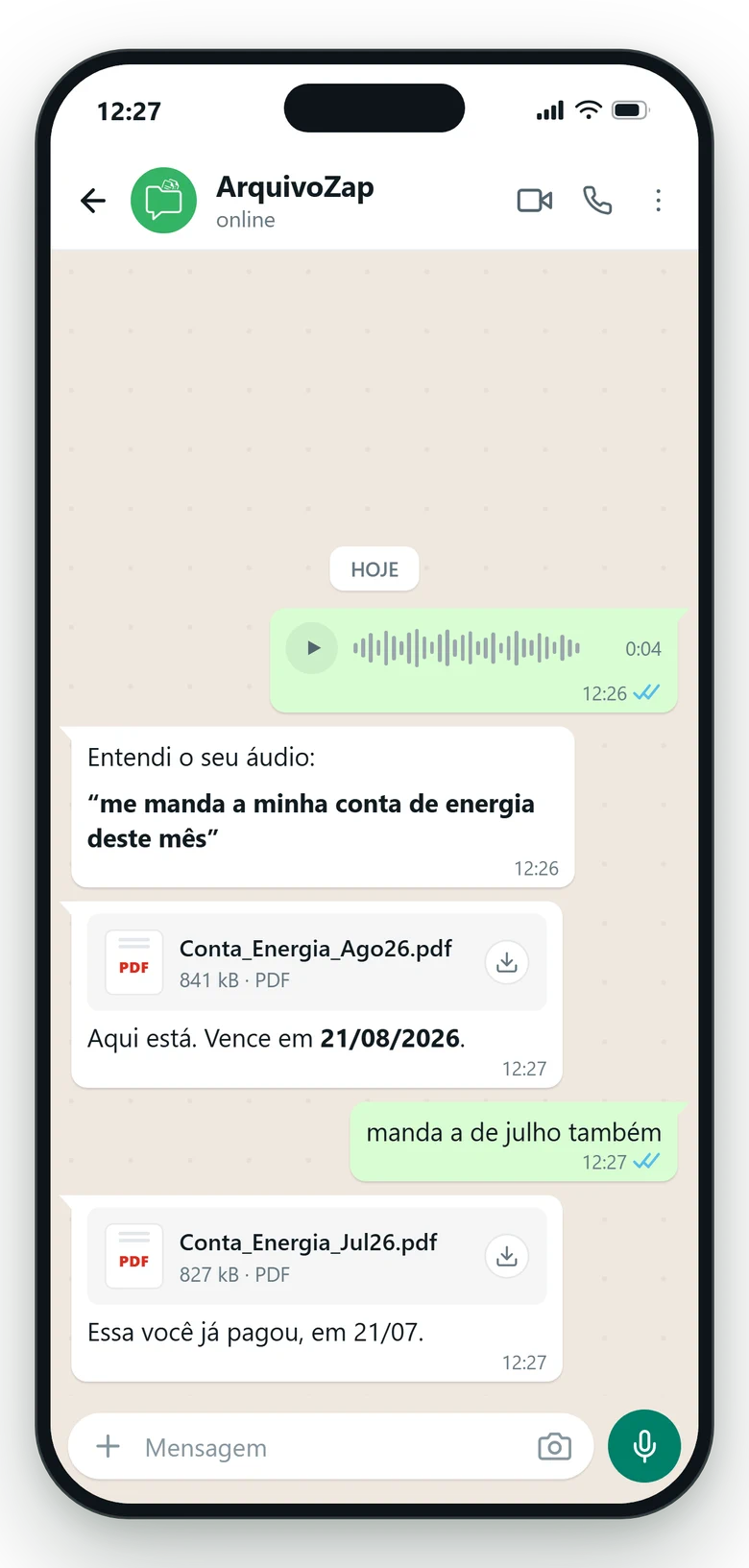 Conversa no WhatsApp: a pessoa manda um áudio pedindo a conta de energia, o ArquivoZap transcreve e devolve o documento.
