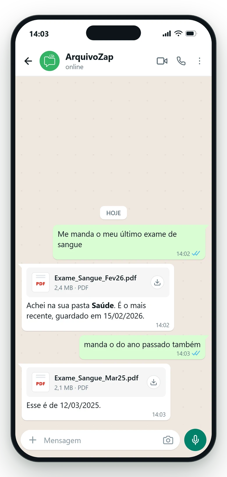 Conversa no WhatsApp: a pessoa pede o último exame de sangue e o ArquivoZap encontra o PDF na pasta Saúde e envia na hora.