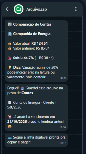 Conversa no WhatsApp: o ArquivoZap compara a conta de energia com o mês anterior e aponta um aumento de 44,7%.