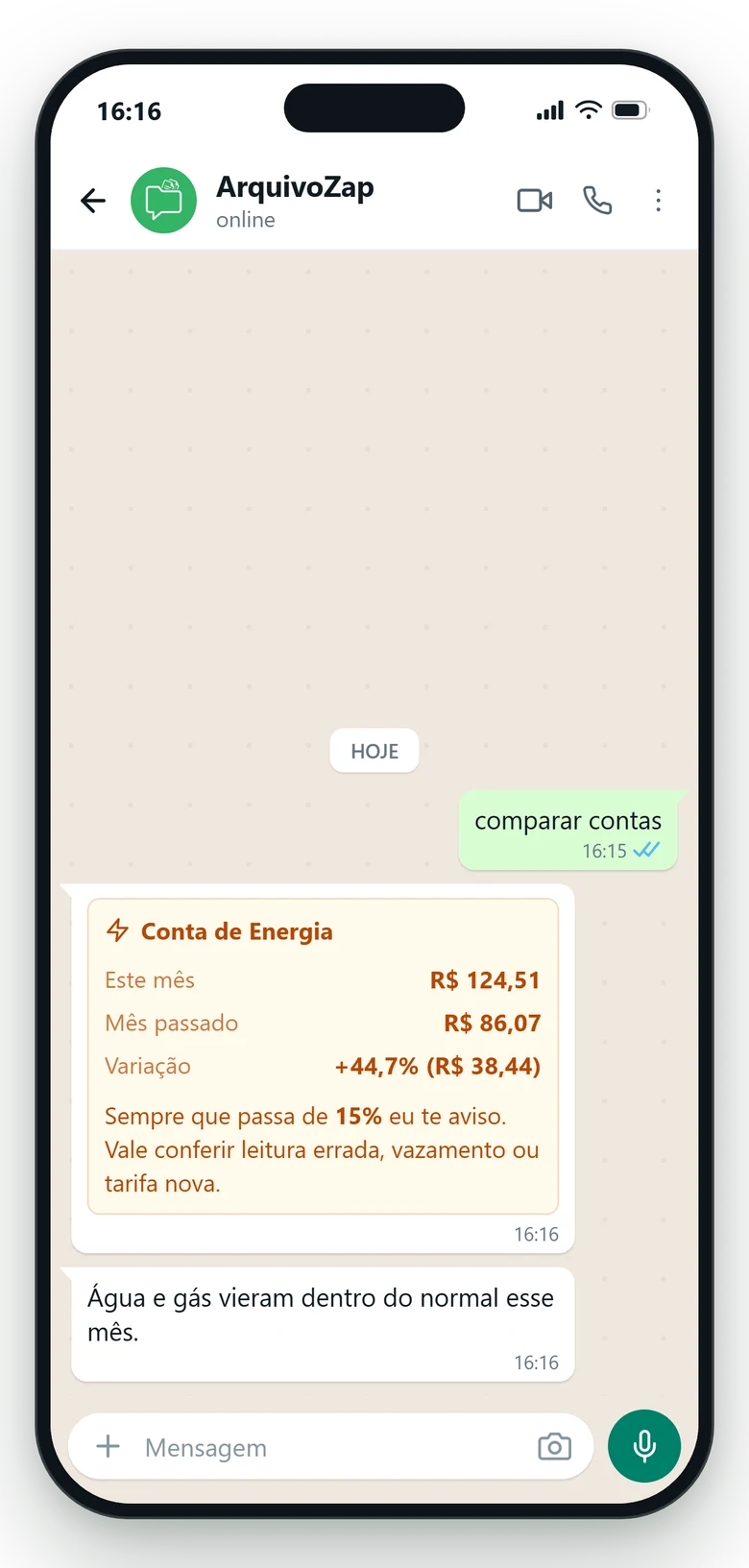 Conversa no WhatsApp: o ArquivoZap compara a conta de energia com o mês anterior e aponta um aumento de 44,7 por cento.