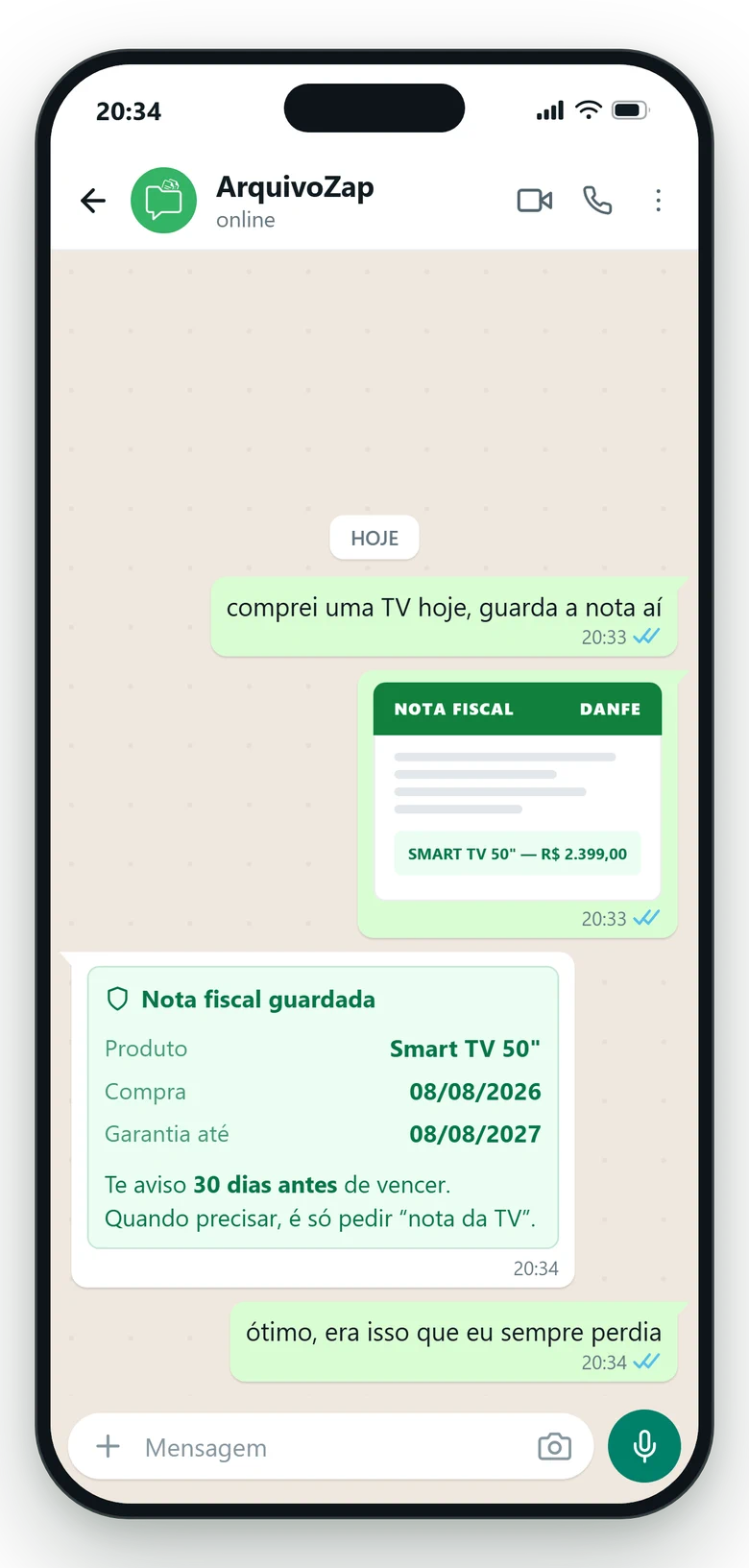 Conversa no WhatsApp: a pessoa envia a nota fiscal de uma TV e o ArquivoZap registra a garantia de 12 meses e avisa antes de expirar.
