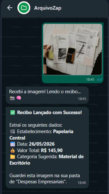 Conversa no WhatsApp: o usuário envia a foto de um recibo e o ArquivoZap lê e extrai estabelecimento, data e valor.