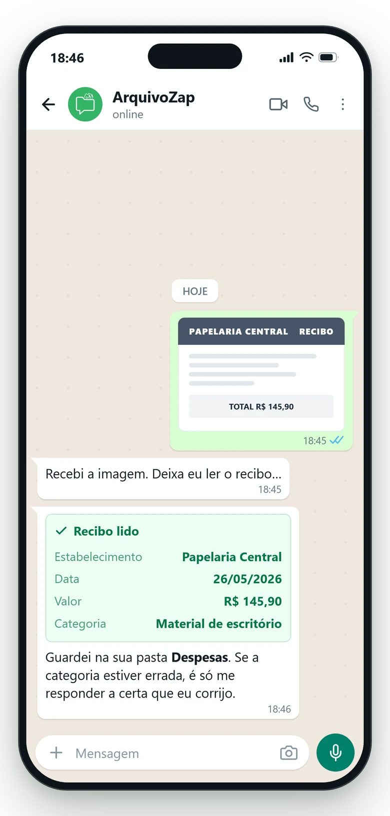 Conversa no WhatsApp: a pessoa fotografa um recibo e o ArquivoZap lê estabelecimento, data, valor e categoria sozinho.