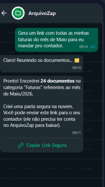 Conversa no WhatsApp: o usuário pede um link com as faturas do mês e o ArquivoZap gera um link seguro para o contador.