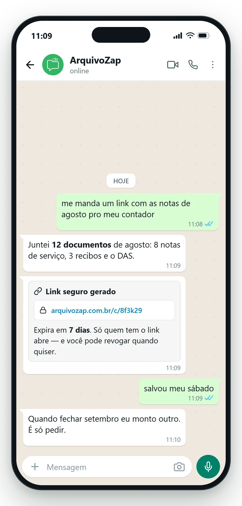 Conversa no WhatsApp: a pessoa pede um link com as notas do mês e o ArquivoZap gera um link seguro para enviar ao contador.